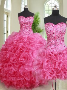 Glittering Three Piece Hot Pink Sleeveless Organza Lace Up 15 Quinceanera Dress for Military Ball and Sweet 16 and Quinceanera
