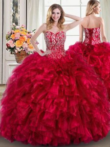 Colorful Red Ball Gowns Beading and Ruffles Ball Gown Prom Dress Lace Up Organza Sleeveless