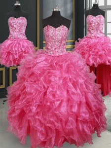 Adorable Four Piece Hot Pink Ball Gowns Beading and Ruffles Quince Ball Gowns Lace Up Organza Sleeveless Floor Length