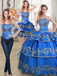 Simple Three Piece Floor Length Lace Up Quinceanera Dresses Blue for Military Ball and Sweet 16 and Quinceanera with Beading and Embroidery and Ruffled Layers