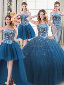 Four Piece Sleeveless Floor Length Beading Lace Up Quinceanera Dresses with Teal
