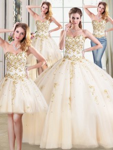 Attractive Four Piece Champagne Ball Gowns Tulle Sweetheart Sleeveless Beading Floor Length Lace Up Quinceanera Dress