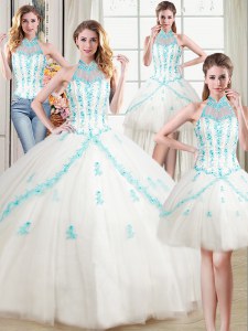 Four Piece Halter Top Sleeveless Beading and Appliques Lace Up Sweet 16 Dress
