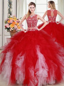Fantastic Scoop Sleeveless Zipper 15 Quinceanera Dress White and Red Tulle
