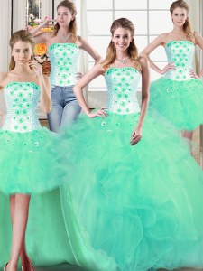 Four Piece Tulle Strapless Sleeveless Lace Up Beading and Appliques and Ruffles Quinceanera Gown in Turquoise