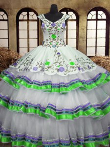 Free and Easy White Straps Neckline Embroidery and Ruffled Layers Quinceanera Gown Sleeveless Lace Up