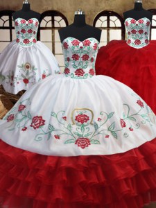 Three Piece Ruffled Ball Gowns Sweet 16 Dress White and Red Sweetheart Organza Sleeveless Floor Length Lace Up