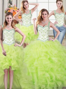 Fancy Four Piece Ball Gowns Quinceanera Dress Yellow Green Straps Organza Sleeveless Floor Length Lace Up