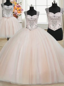 New Style Three Piece Straps Pink Zipper Quinceanera Gown Beading Sleeveless Floor Length