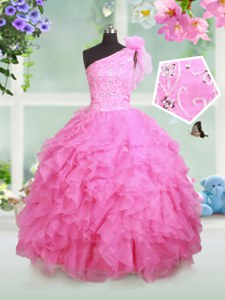 Admirable Rose Pink One Shoulder Neckline Beading and Ruffles and Hand Made Flower Party Dress Wholesale Sleeveless Lace Up