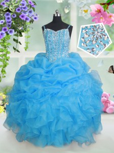 Sleeveless Organza Floor Length Lace Up Kids Formal Wear in Baby Blue with Beading and Ruffles and Pick Ups