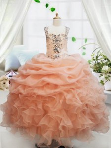 Orange Girls Pageant Dresses Quinceanera and Wedding Party and For with Beading and Ruffles and Pick Ups Straps Sleeveless Zipper