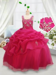 Pick Ups Ball Gowns Child Pageant Dress Hot Pink Square Organza Sleeveless Floor Length Zipper