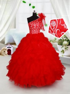 Nice One Shoulder Red Sleeveless Organza Lace Up Little Girls Pageant Dress for Quinceanera and Wedding Party