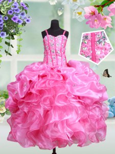 Rose Pink Ball Gowns Straps Sleeveless Organza Floor Length Lace Up Beading and Ruffles and Pick Ups Kids Pageant Dress