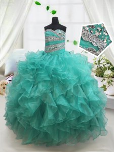 Unique Turquoise Ball Gowns Sweetheart Sleeveless Organza Floor Length Lace Up Beading and Ruffles Little Girl Pageant Gowns