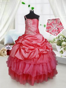 Floor Length Lace Up Little Girl Pageant Dress Red for Quinceanera and Wedding Party with Beading and Ruffled Layers
