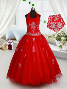 Fancy Halter Top Red Ball Gowns Beading and Appliques Little Girls Pageant Gowns Lace Up Organza Sleeveless Floor Length