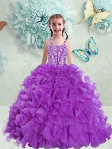 Customized Straps Eggplant Purple Ball Gowns Beading and Ruffles Little Girls Pageant Gowns Lace Up Organza Sleeveless Floor Length