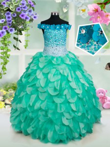 Enchanting Off the Shoulder Turquoise Organza Lace Up Little Girl Pageant Gowns Sleeveless Floor Length Beading and Appliques and Ruffles