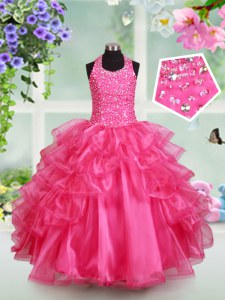 Ruffled Ball Gowns Little Girls Pageant Dress Hot Pink Halter Top Organza Sleeveless Floor Length Lace Up