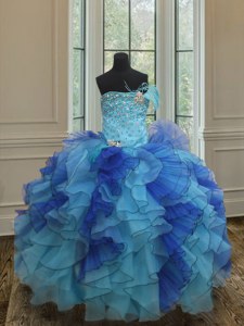 Excellent Floor Length Lace Up Little Girl Pageant Dress Blue for Quinceanera and Wedding Party with Beading and Ruffles