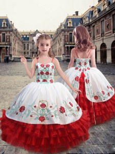 Excellent Straps Sleeveless Lace Up Little Girls Pageant Gowns White and Red Organza
