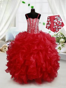 Sleeveless Lace Up Floor Length Beading and Ruffles Party Dress for Girls
