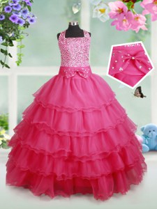 Hot Pink Ball Gowns Halter Top Sleeveless Organza Floor Length Zipper Beading and Ruffled Layers and Bowknot Kids Pageant Dress