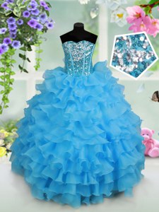 Beautiful Strapless Sleeveless Organza Child Pageant Dress Beading and Ruffled Layers and Sequins Lace Up