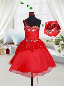 Gorgeous Organza One Shoulder Sleeveless Lace Up Sequins and Hand Made Flower Flower Girl Dresses for Less in Red