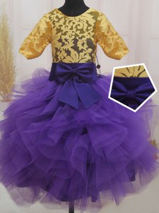 Scoop Eggplant Purple and Gold Short Sleeves Mini Length Lace and Ruffles and Bowknot Zipper Girls Pageant Dresses