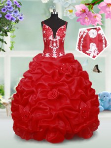 Red Girls Pageant Dresses Quinceanera and Wedding Party and For with Beading and Pick Ups and Hand Made Flower Spaghetti Straps Sleeveless Lace Up