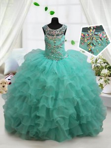 Turquoise Scoop Neckline Beading and Ruffled Layers Pageant Gowns For Girls Sleeveless Lace Up