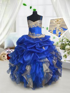 Spaghetti Straps Sleeveless Girls Pageant Dresses Floor Length Beading and Ruffles and Pick Ups Blue and Champagne Organza