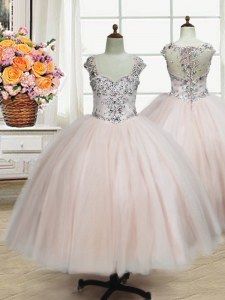 Pink Zipper Straps Beading Girls Pageant Dresses Tulle Cap Sleeves