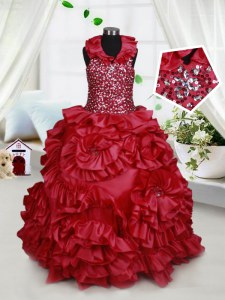 Inexpensive Halter Top Sequins Wine Red Sleeveless Taffeta Zipper Kids Pageant Dress for Quinceanera and Wedding Party