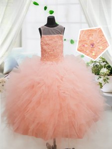 Scoop Peach Sleeveless Tulle Zipper Pageant Gowns For Girls for Quinceanera and Wedding Party