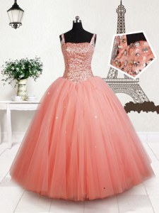 Straps Tulle Sleeveless Floor Length Little Girls Pageant Dress Wholesale and Beading