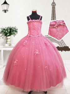 Floor Length Hot Pink Little Girl Pageant Gowns Straps Sleeveless Zipper