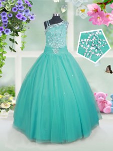 Stylish Floor Length Zipper Party Dress for Girls Turquoise for Quinceanera and Wedding Party with Beading