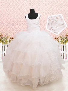 Stylish Scoop White Organza Lace Up Toddler Flower Girl Dress Sleeveless Floor Length Beading and Ruffled Layers and Sequins