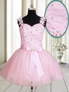 Nice Straps Mini Length Lace Up Dress for Prom Baby Pink for Prom and Party with Beading and Embroidery