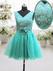 Sleeveless Beading and Lace and Belt and Hand Made Flower Lace Up Prom Dresses