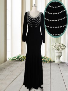 Hot Sale Scoop Backless Floor Length Black Dress for Prom Elastic Woven Satin Long Sleeves Beading