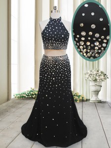 Attractive Halter Top Floor Length Two Pieces Sleeveless Black Backless