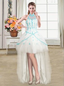 Super See Through White Prom Dress Prom and Party and For with Beading and Ruffles Halter Top Sleeveless Lace Up