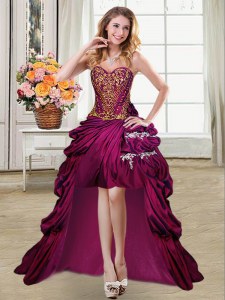 Fuchsia Taffeta Lace Up Sweetheart Sleeveless High Low Prom Dresses Beading and Appliques and Pick Ups