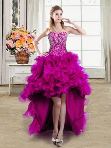 Chic Fuchsia Ball Gowns Sweetheart Sleeveless Organza High Low Lace Up Beading Prom Dresses