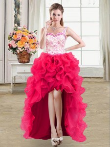 Hot Pink Ball Gowns Organza Straps Sleeveless Beading and Lace and Ruffles High Low Lace Up Dress for Prom